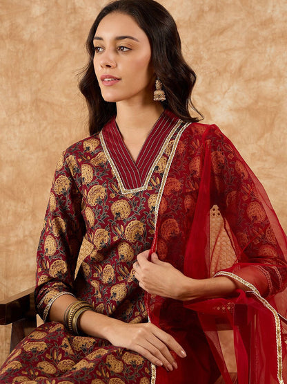 Floral Printed Straight Thread Work Kurta with Palazzos & Dupatta