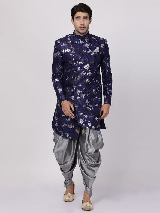 Men's Blue Polyester Lurex Blend Asymmetric Sherwani Set