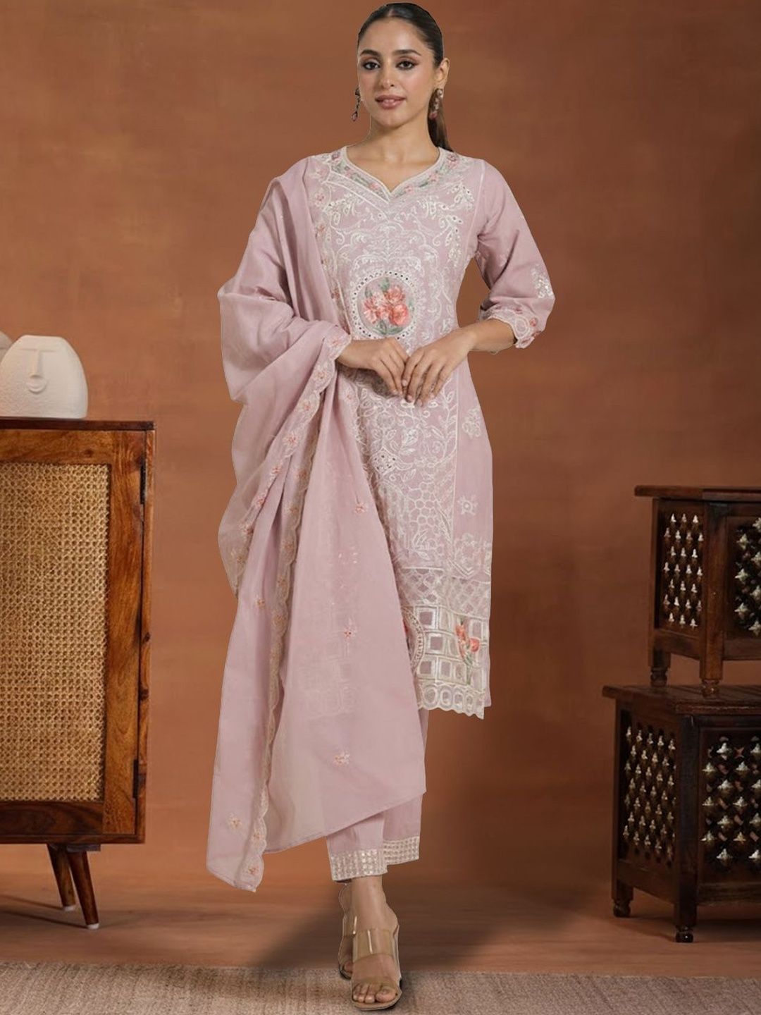 Ethnic Motifs Embroidered Thread Work Pure Cotton Kurta With Trousers & Dupatta