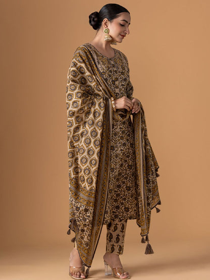Dhiyona WP Women Floral Printed Cotton Kurta with Trousers & Dupatta