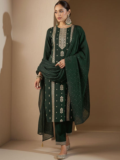 Ethnic Motifs Embroidered Round Neck Thread Work Kurta With Trousers & Dupatta