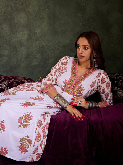 Floral Printed Panelled Pure Cotton A-Line Kurta With Trousers