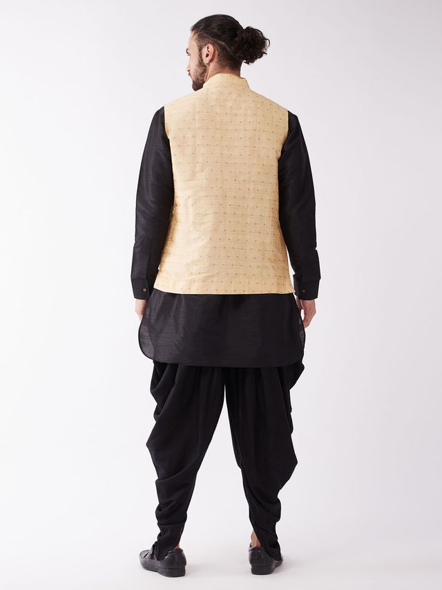 Men's Black Silk Blend Straight Jacket  Kurta and Dhoti Set