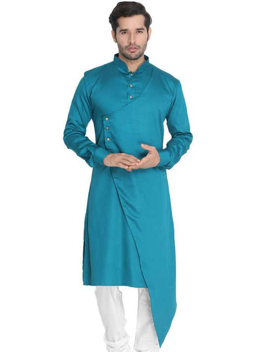 Men's Aqua Silk Blend Straight Kurta Pyjama Set
