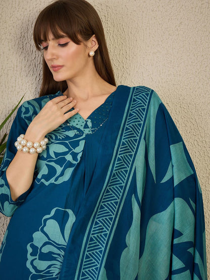 Dhiyona IE Women's Adults-Women Floral Printed Cotton A-Line Kurta with Trousers & Dupatta