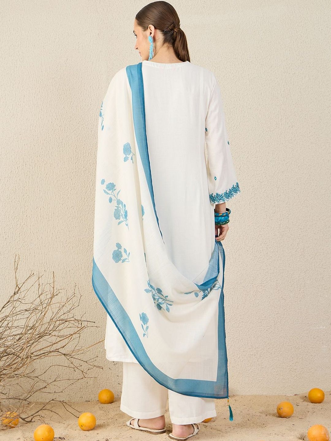 Floral Embroidered A-Line Thread Work Kurta With Trousers & Dupatta