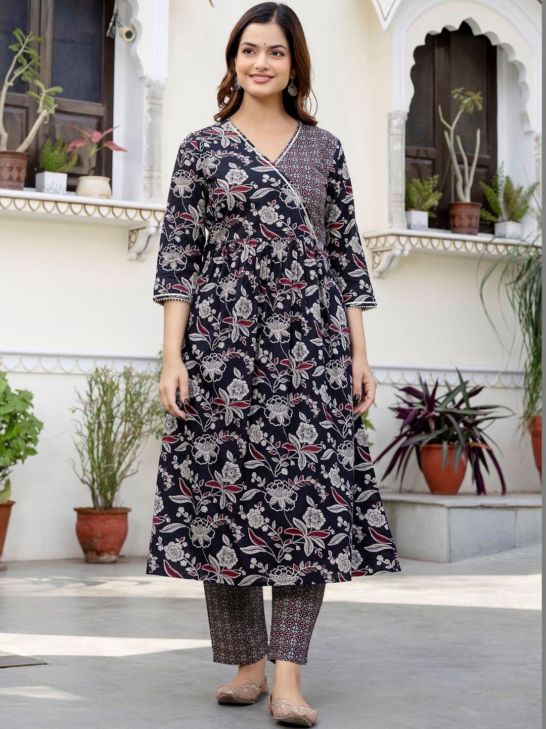 Women Floral Printed Angrakha Pure Cotton Kurta with Trousers & With Dupatta