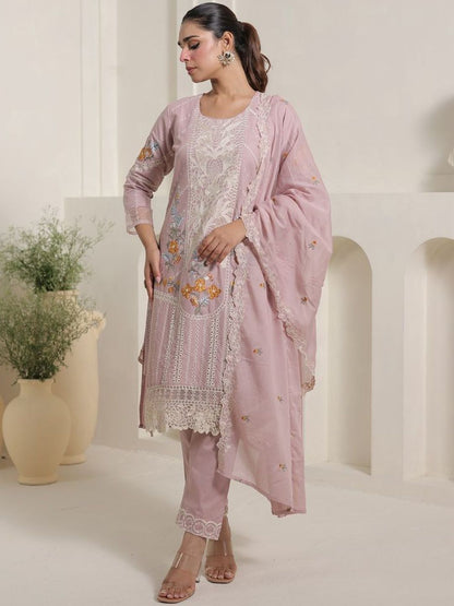 Women Floral Embroidered Regular Thread Work Pure Cotton Kurta with Trousers & With Dupatta