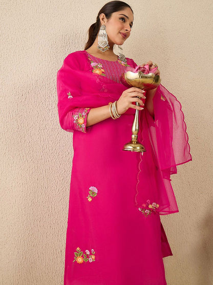 Women Floral Embroidered Regular Thread Work Kurta With Trousers & Dupatta