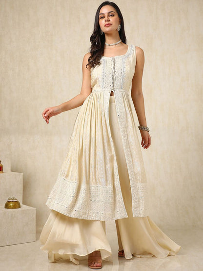 Dhiyona SO Women's Alina Cut Ethnic Motifs Embroidered Sequinned Anarkali Kurta with Palazzos & Dupatta