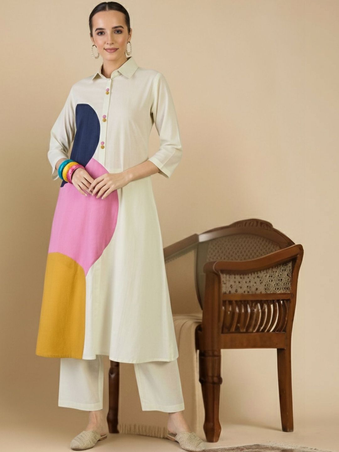 Dhiyona IE Women Colourblocked Regular Pure Cotton Kurta with Trousers