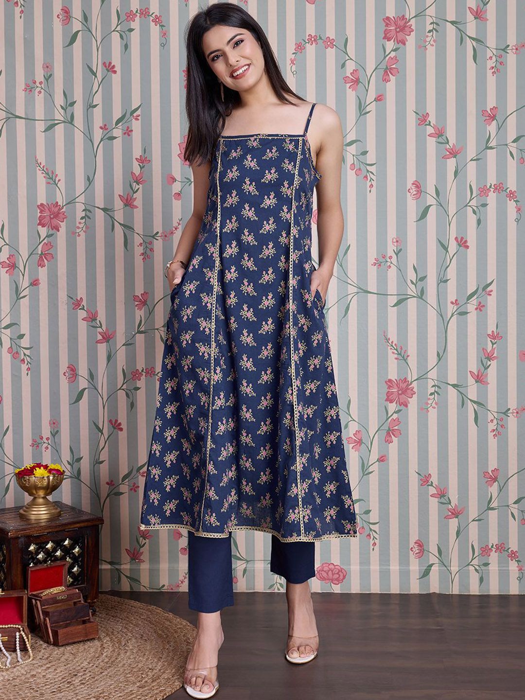 Dhiyona OD  Floral Printed Gotta Patti Pure Cotton Anarkali Kurta Set