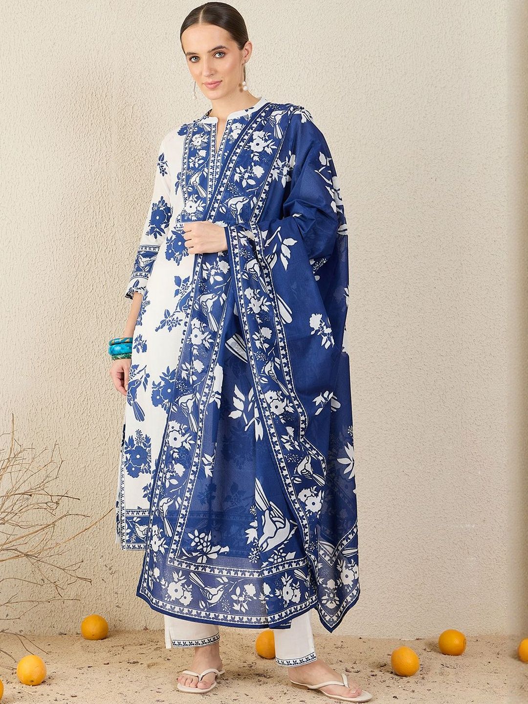 Women Floral Printed Cotton Kurta with Trousers & Dupatta