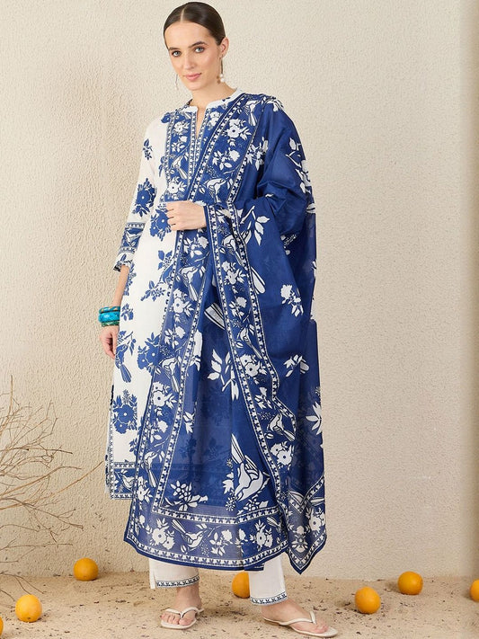 Women Floral Printed Cotton Kurta with Trousers & Dupatta