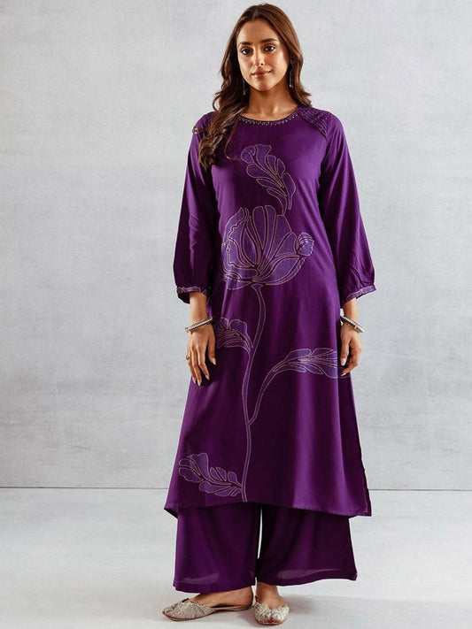 Dhiyona IS Women's Women Floral Printed Sequinned Straight Kurta with Palazzos