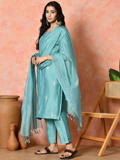 Dhiyona SN Women's Solid Embroidered Kurta with Trousers & Dupatta