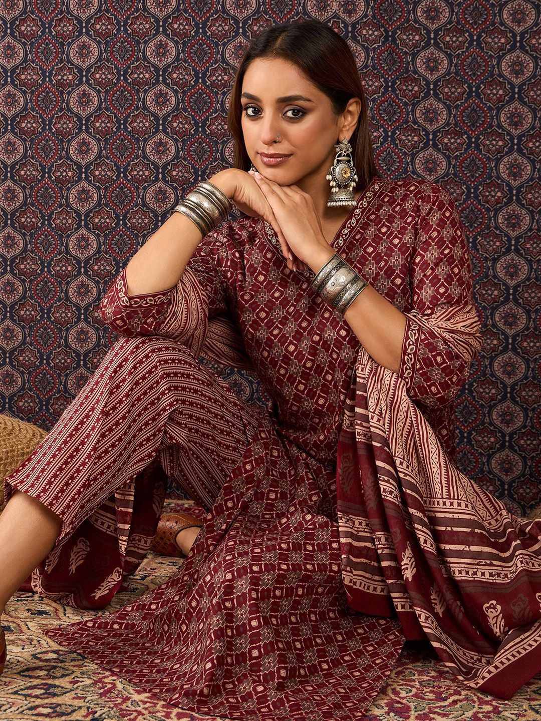 Women Ethnic Motifs Printed Regular Pure Cotton Kurta Trousers With Dupatta