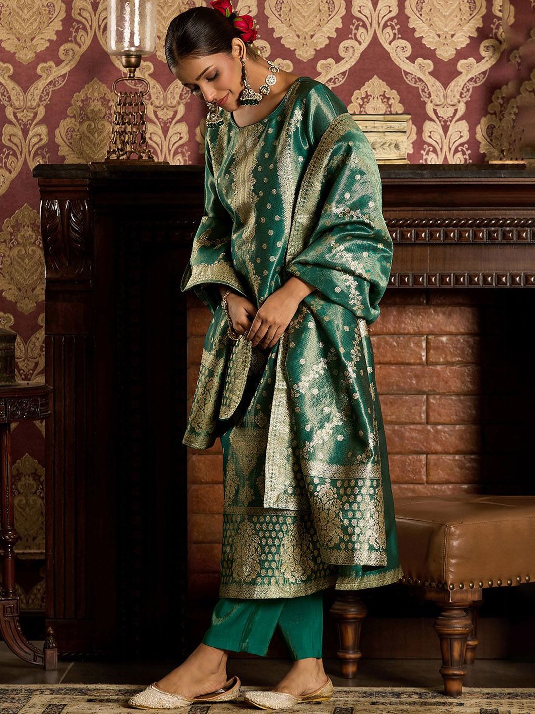 Ethnic Motifs Woven Design Zari Straight Kurta With Trousers & Dupatta