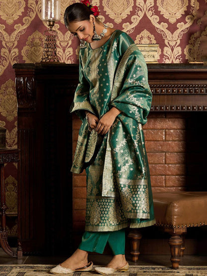 Ethnic Motifs Woven Design Zari Straight Kurta With Trousers & Dupatta