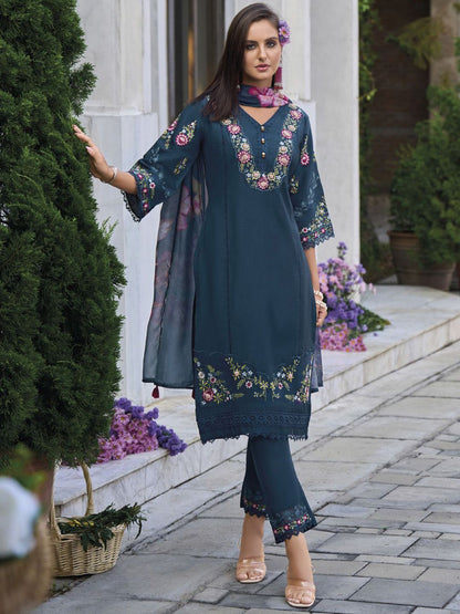 Dhiyona VA Women'sFloral Embroidered Thread Work Pure Cotton Straight Kurta With Trouser And Dupatta