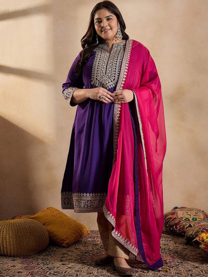 Dhiyona IN Women Floral Yoke Design Regular Thread Work Kurta with Trousers & With Dupatta