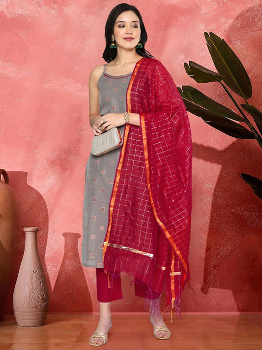 Dhiyona SN Women's Woven Design Straight Kurta With Trouser & Dupatta Set