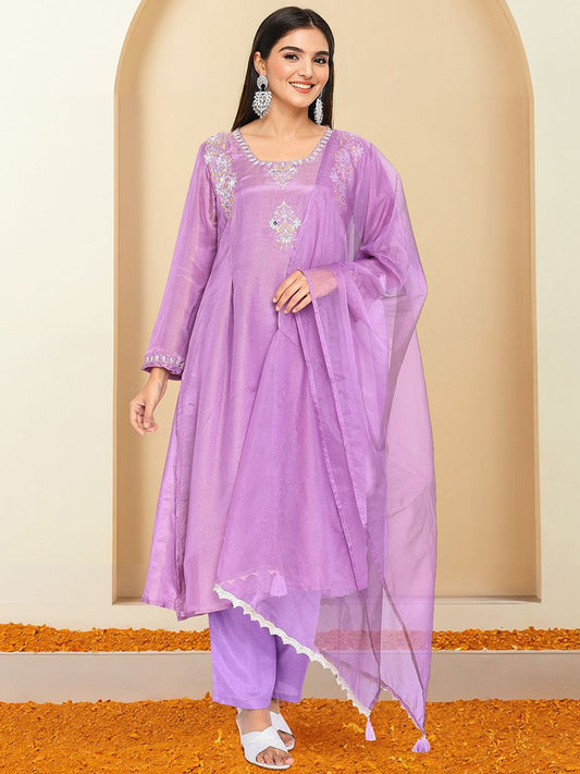 Dhiyona IS Women's Embroidered Thread Work A-Line Kurta with Trousers & Dupatta