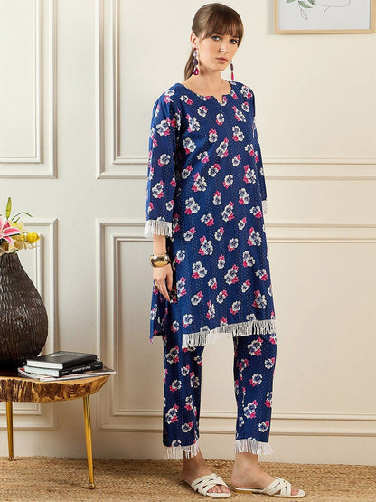 Dhiyona IE Women Floral Printed Regular Pure Cotton Kurta with Trousers