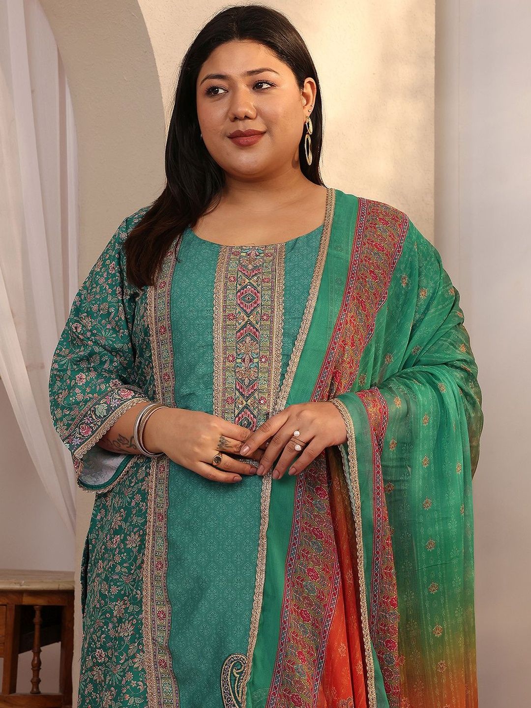 Dhiyona Women's Plus Size Ethnic Motifs Printed Kurta with Trousers & Dupatta