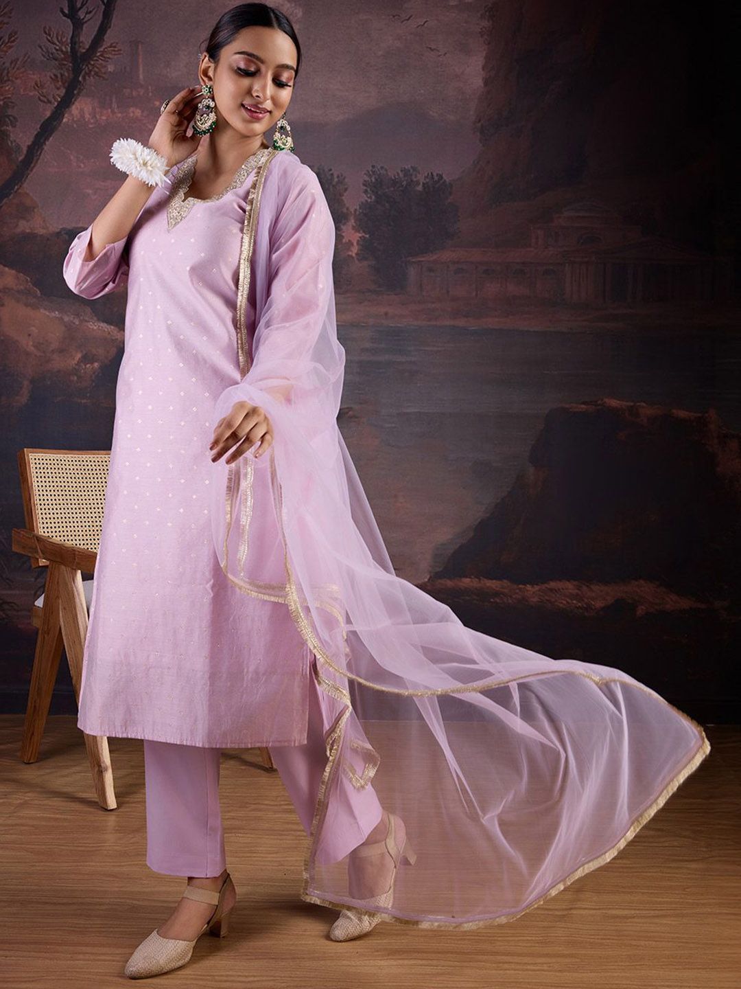 Dhiyona PD Women Floral Woven Design Straight Kurta With Trousers & Dupatta