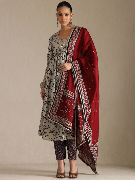 Dhiyona SO Women's Women Floral Printed Sequinned V-Neck Kurta with Trousers & With Dupatta