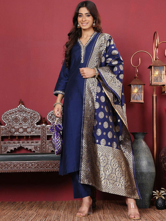 Dhiyona VA Women's Floral Zari Embroidered Neck Kurta with Trousers and Woven Brocade Dupatta