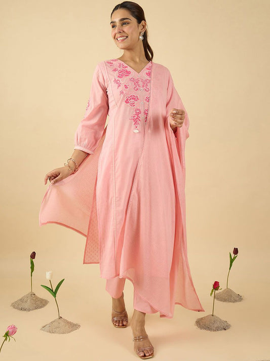 Dhiyona IE Women Floral Embroidered Panelled Thread Work Kurta with Trousers & Dupatta