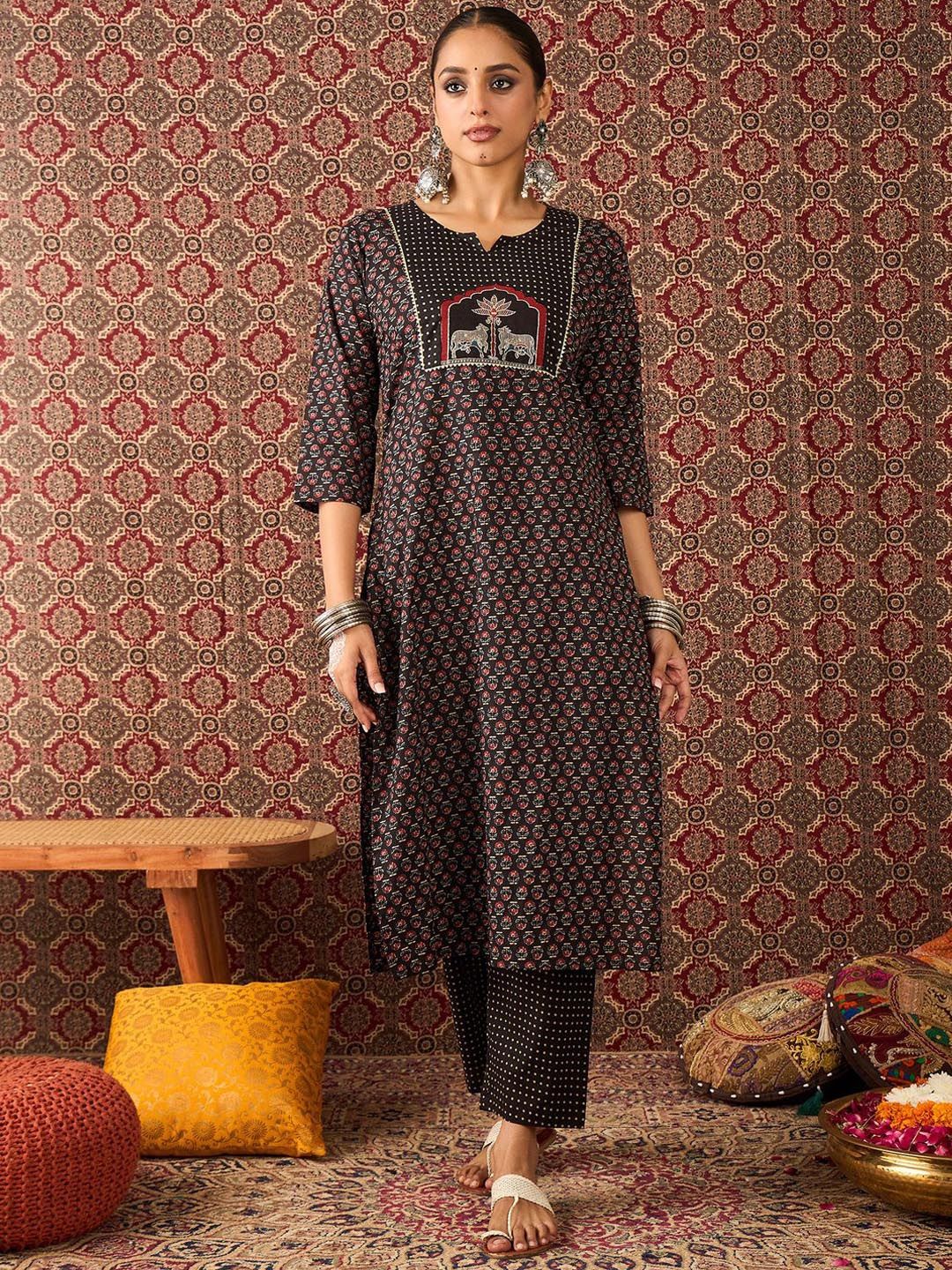 Floral Printed Pure Cotton Straight Kurta Trousers With Dupatta