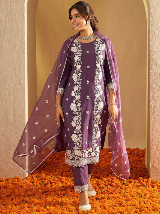 Floral Embroidered Thread Work Straight Kurta With Trousers & Dupatta