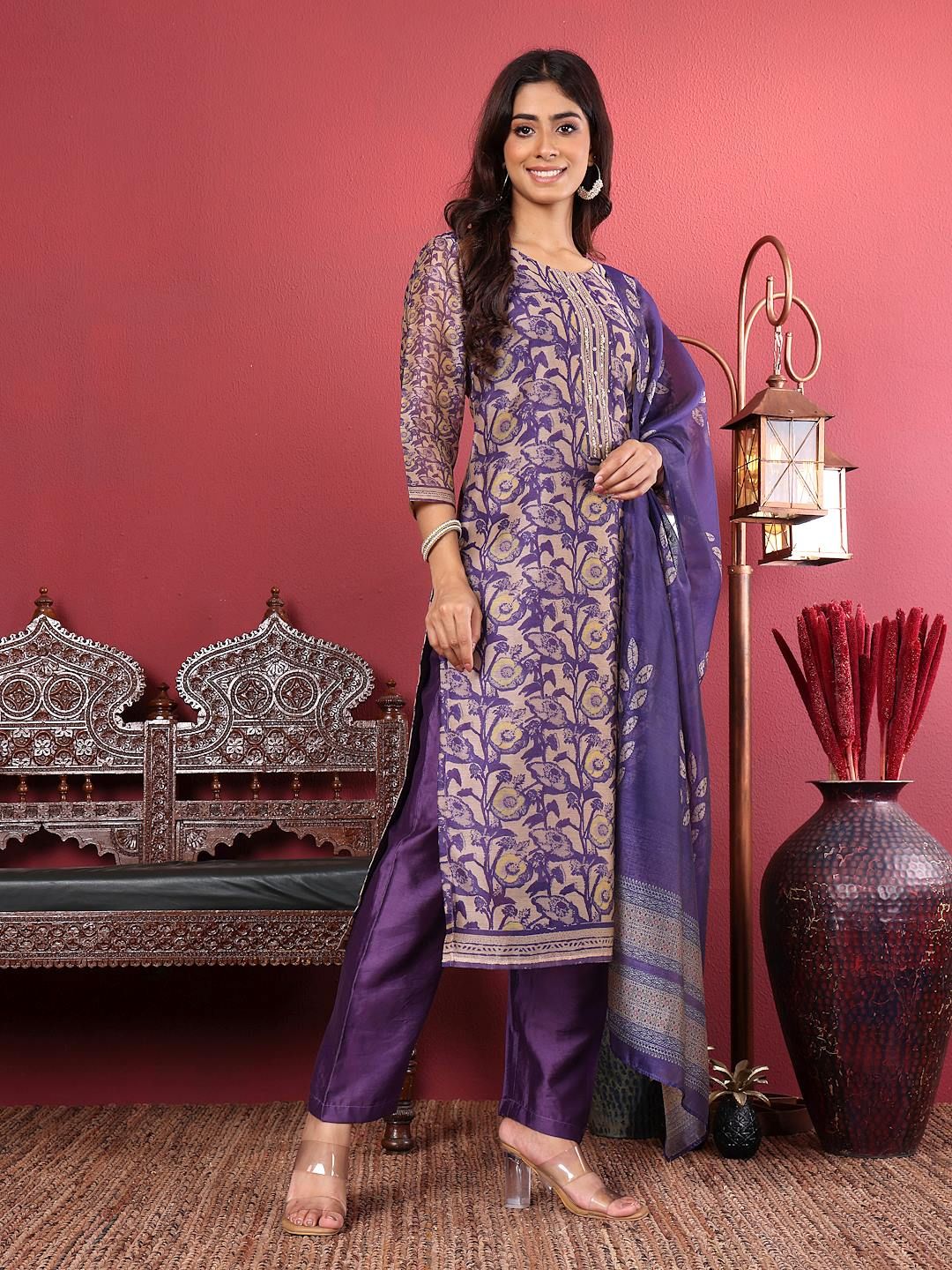 Dhiyona VA Women'sPurple Floral Printed Beads and Stones Chanderi Silk Kurta with Trousers & Dupatta