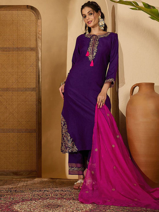 Dhiyona SN Women's Floral Yoke Design Tie-Up Neck Thread Work Silk Kurta With Trouser And Dupatta
