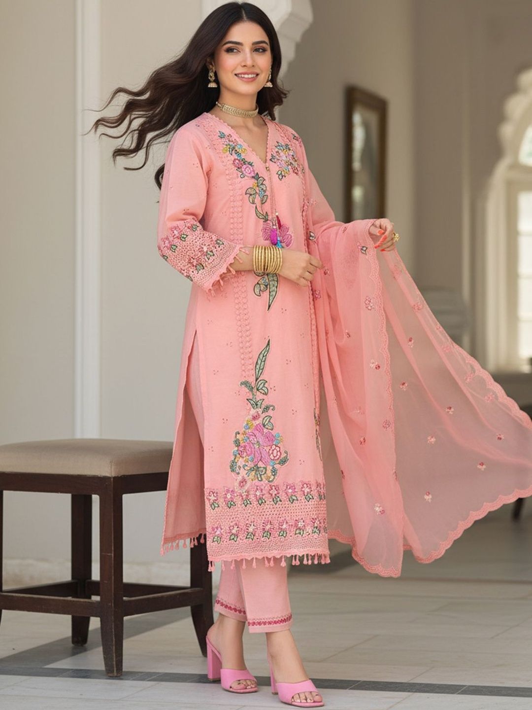 Floral Embroidered V-Neck Pure Cotton Straight Kurta & Trousers With Dupatta