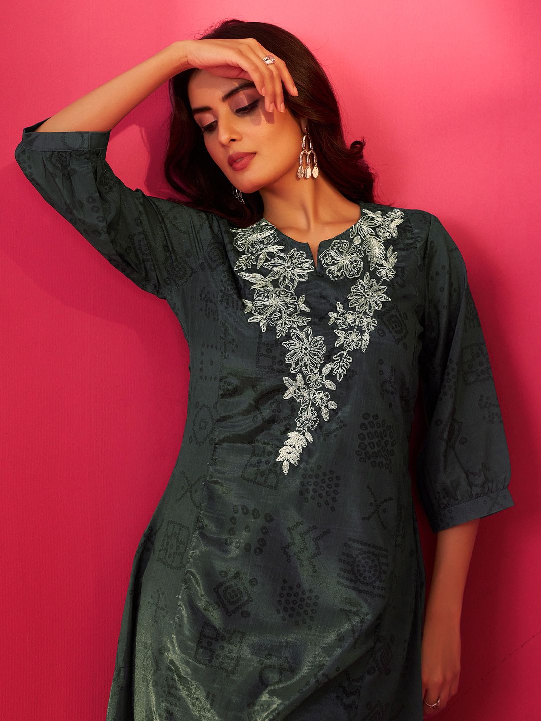 Floral Embroidered Thread Work Chinon Kurta With Trousers