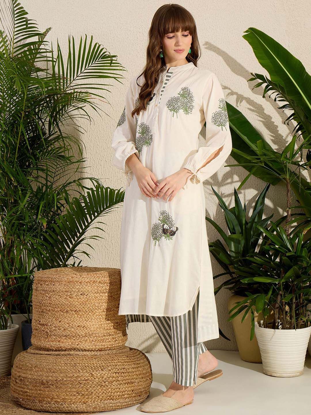 Dhiyona IE Floral Embroidered Mandarin Collar Straight Pure Cotton Tunic With Trouser