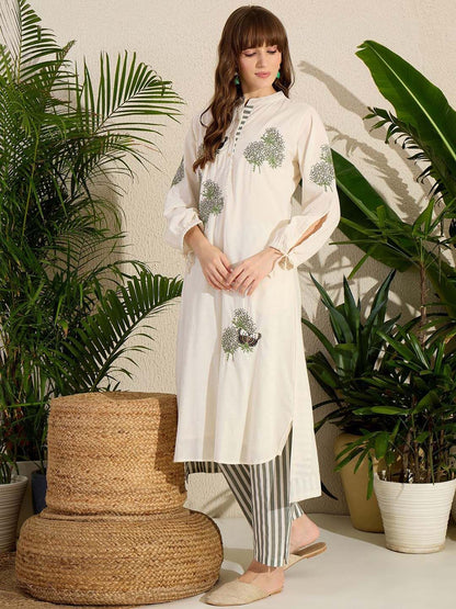 Dhiyona IE Floral Embroidered Mandarin Collar Straight Pure Cotton Tunic With Trouser