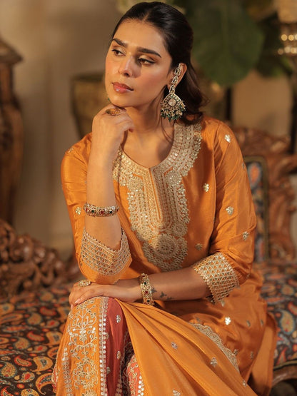 Ethnic Motifs Embroidered Round Neck Zari Straight Kurta & Palazzos With Dupatta