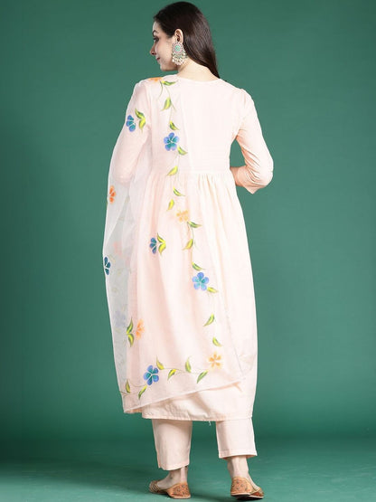 Women Floral Printed Empire Thread Work Pure Cotton Kurta with Trousers & With Dupatta