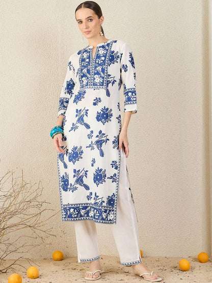 Women Floral Printed Cotton Kurta with Trousers & Dupatta