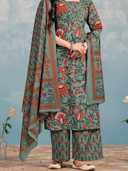 Dhiyona VA Women's Floral Printed Regular Kurta with Trousers & With Dupatta