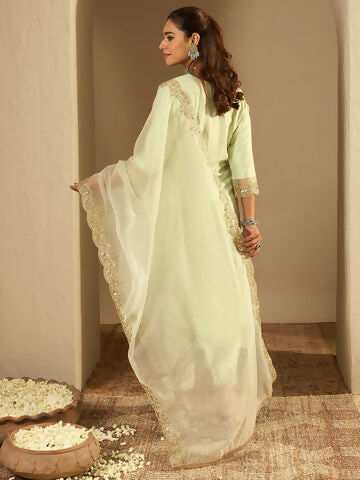 Women's Sea Green Embroidered Straight Kurta Trousers With Dupatta set
