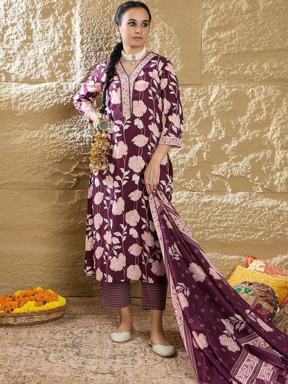 Women Floral Printed Regular Pure Cotton Kurta with Trousers & Dupatta