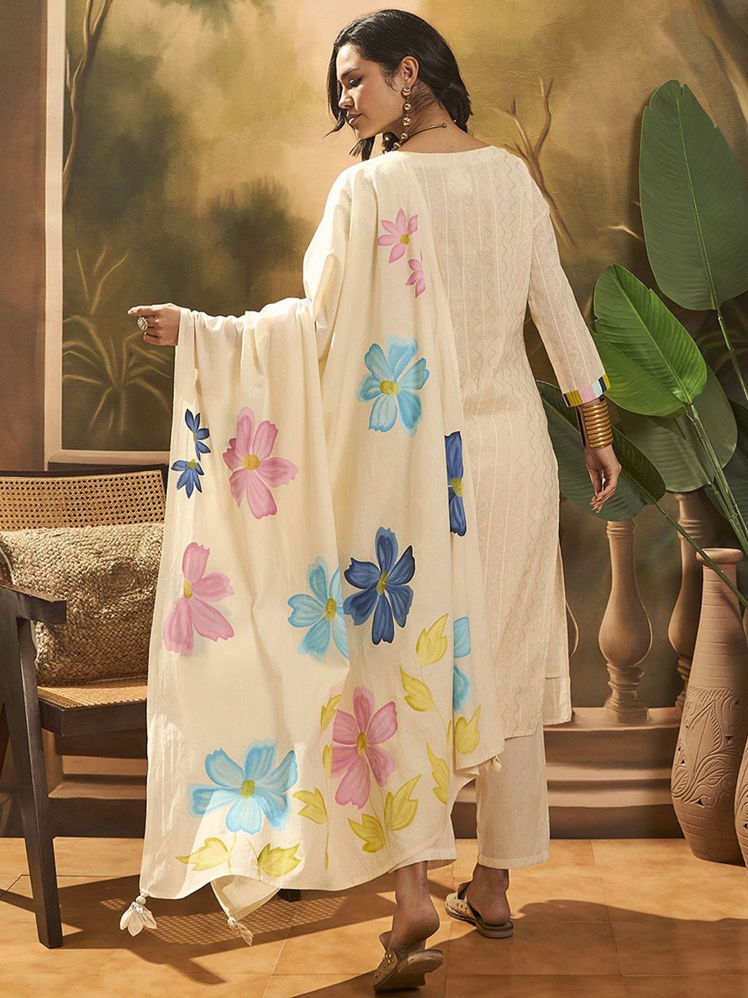 Dhiyona SN Women's Floral Embroidered Pure Cotton Straight Kurta With Trousers & Dupatta