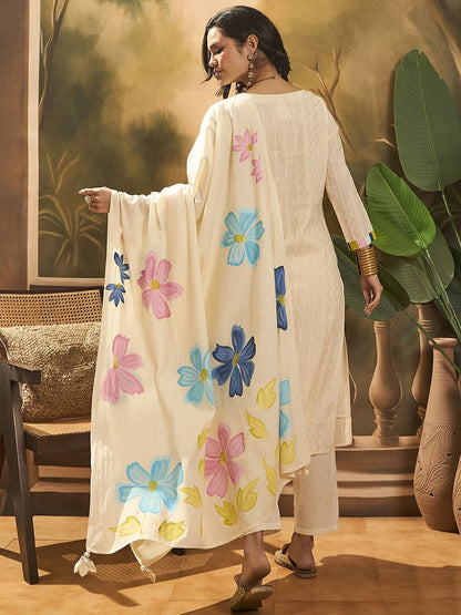 Dhiyona SN Women's Floral Embroidered Pure Cotton Straight Kurta With Trousers & Dupatta