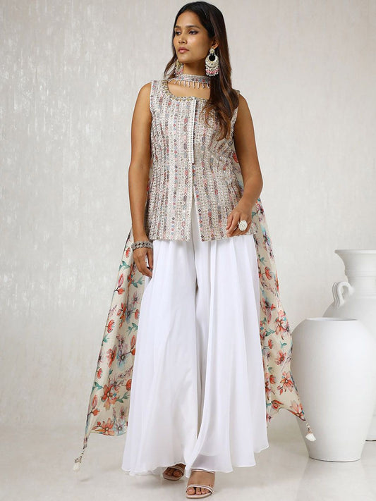 Dhiyona SO Women's Alina Cut Ethnic Motifs Embroidered Sequinned Straight Kurti with Palazzos & Dupatta